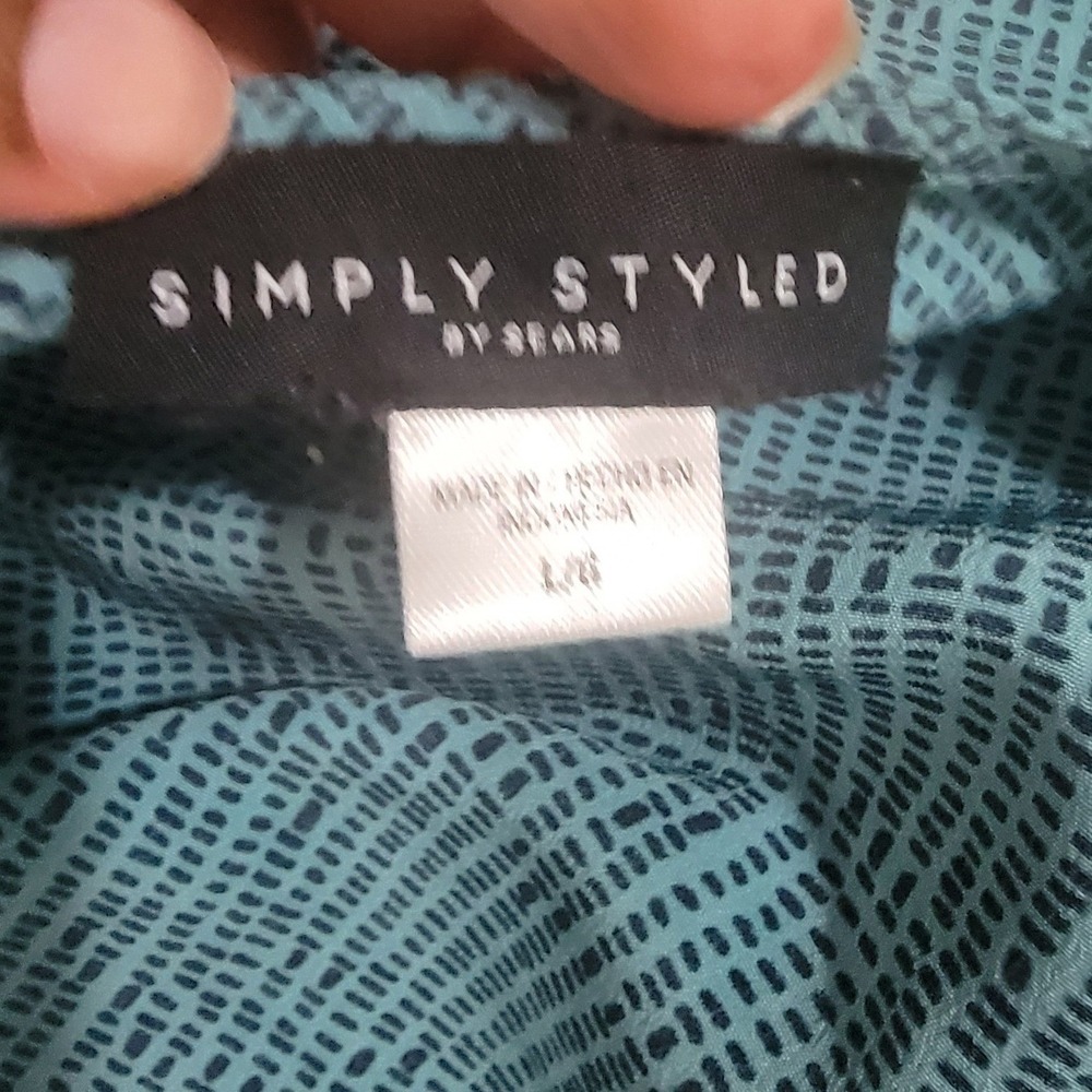 Simply Styled Sears Teal Blue Black Dash Print Ruffle Sleeve V-Back Blouse L - Picture 6 of 6